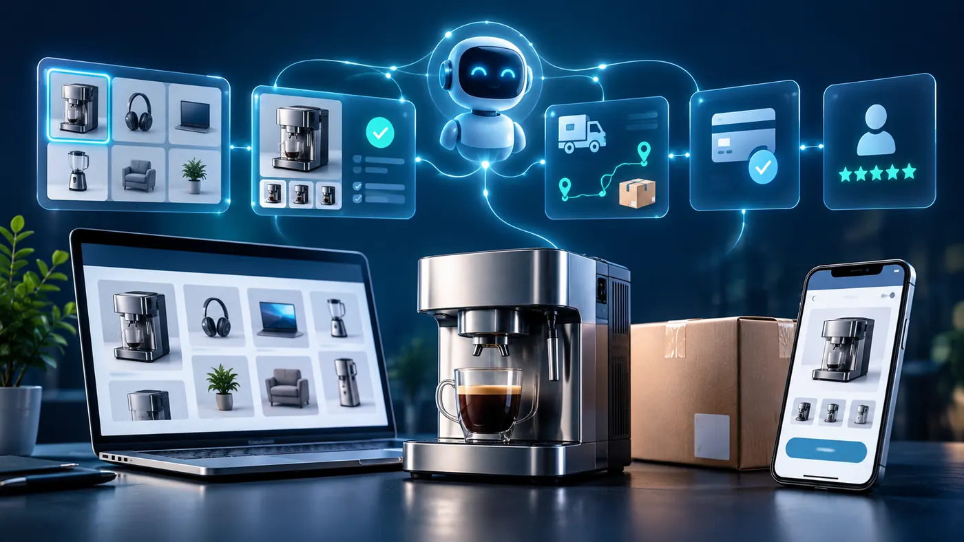 AI-assisted purchase path from product selection through delivery and payment confirmation
