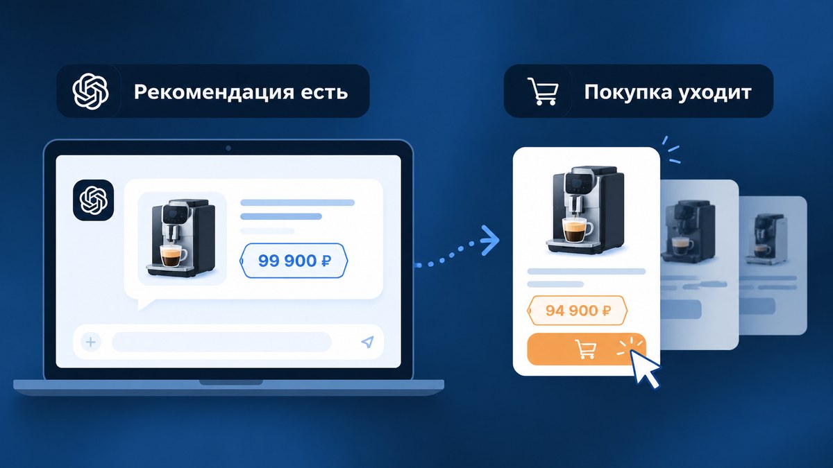 Авторская иллюстрация: нейросеть рекомендует кофемашину, покупатель сравнивает предложения разных продавцов; цены условные