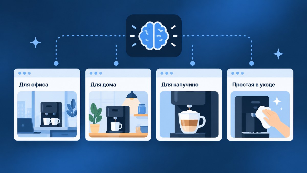 Схема сценарных страниц для выбора кофемашины: для офиса, дома, капучино и удобного обслуживания