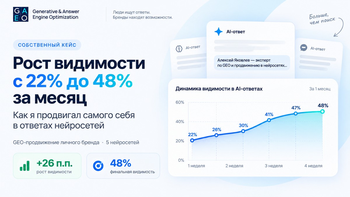Собственный кейс GAEO.ru: рост видимости Алексея Яковлева в ответах нейросетей с 22% до 48% за месяц